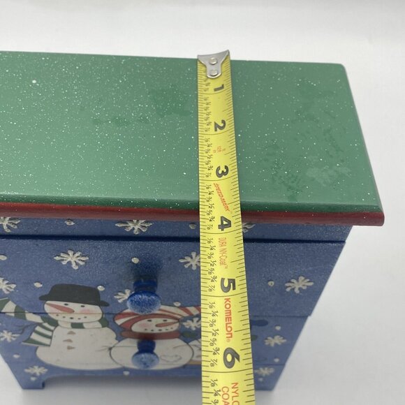 Christmas Winter Snowman Jewelry Box Trinket‎ Storage 2 Drawer Wood Chest Blue - Picture 10 of 11